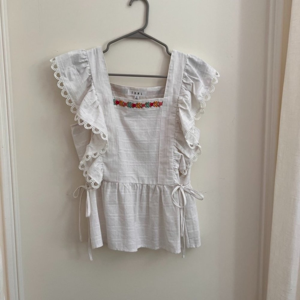 THML Cream flutter sleeve top with embroidery
